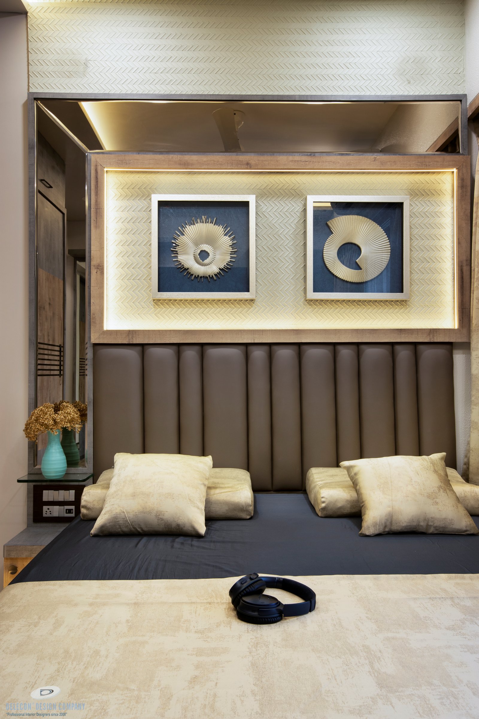 Master bedroom interior design with 2-tone laminate and glass