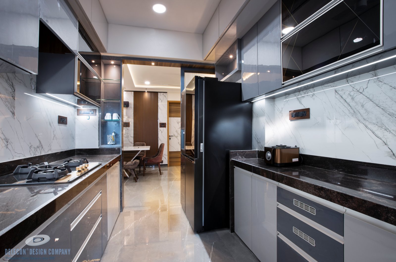 Modular kitchen with digital glass and acrylic laminate shutters