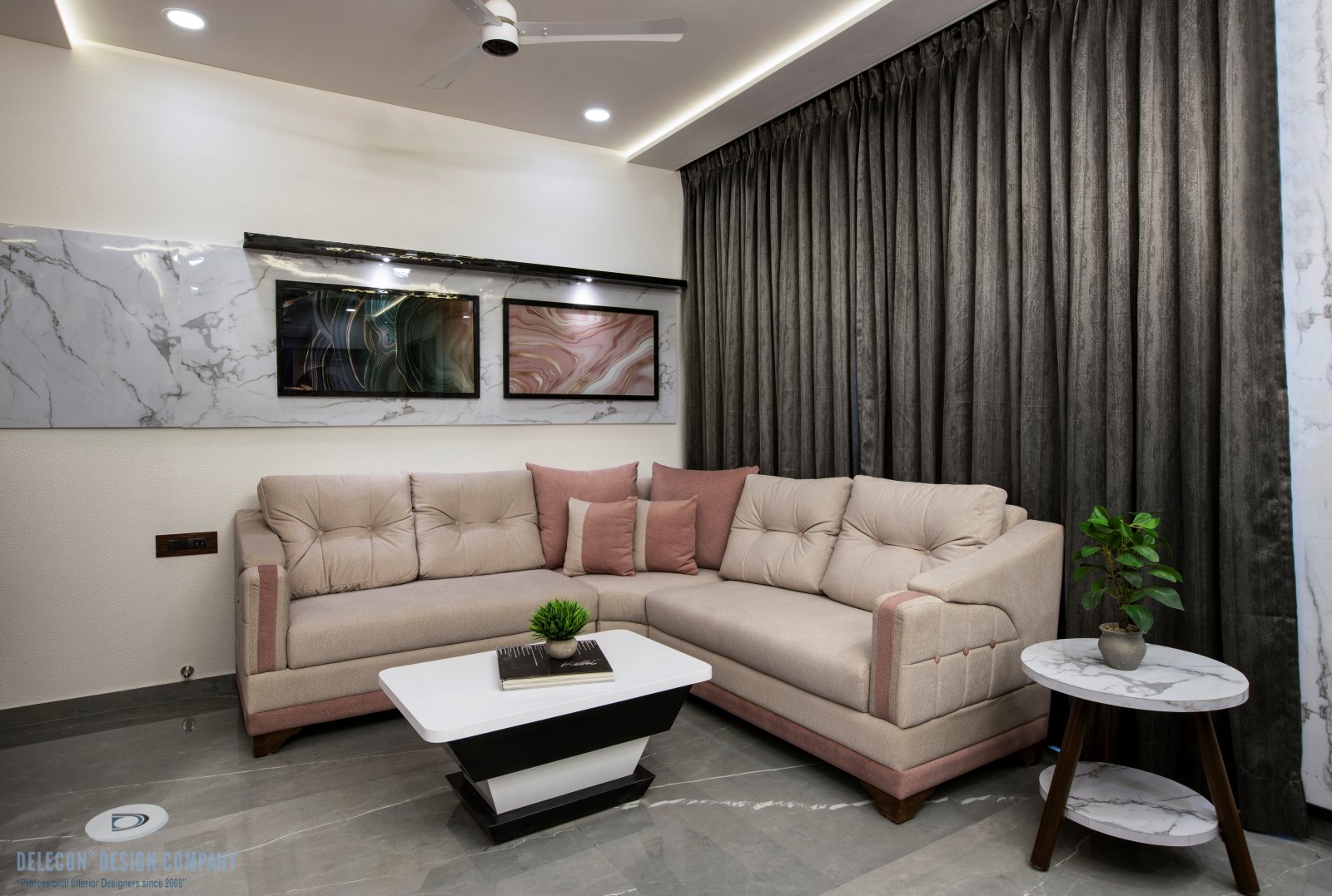 Living room sofa seating with 3+2 arrangement in Kharghar residence