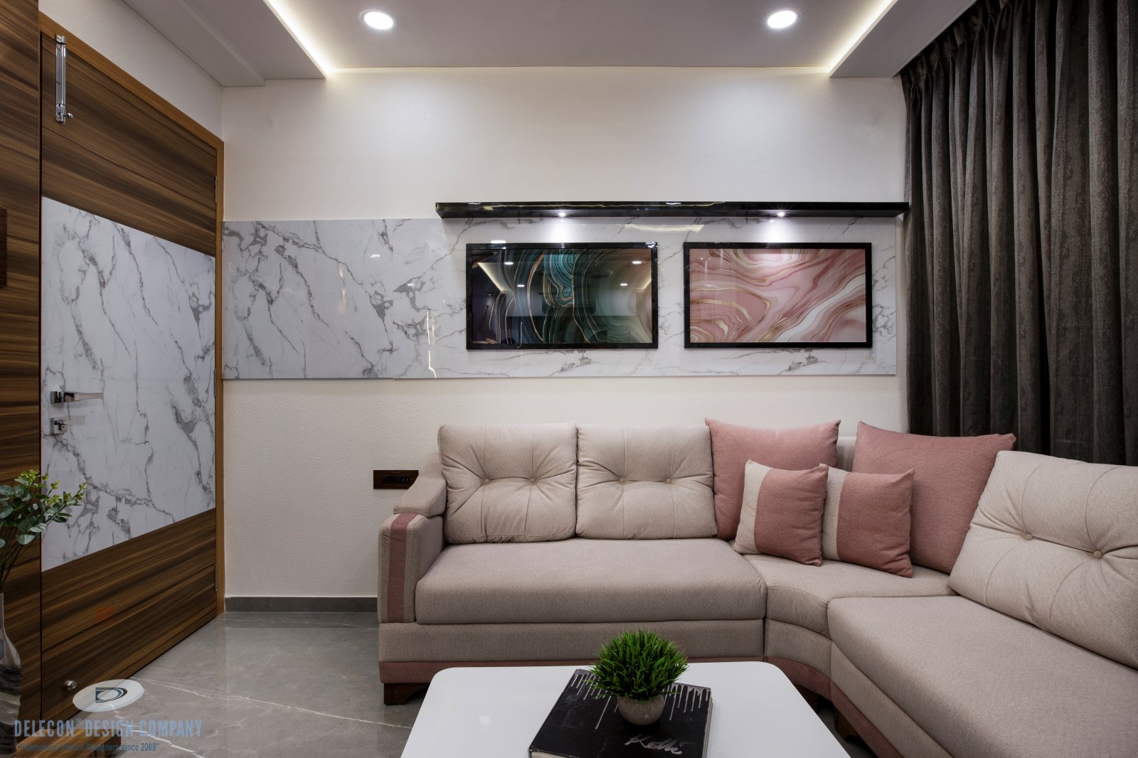 Alternate angle of sofa seating with centre table