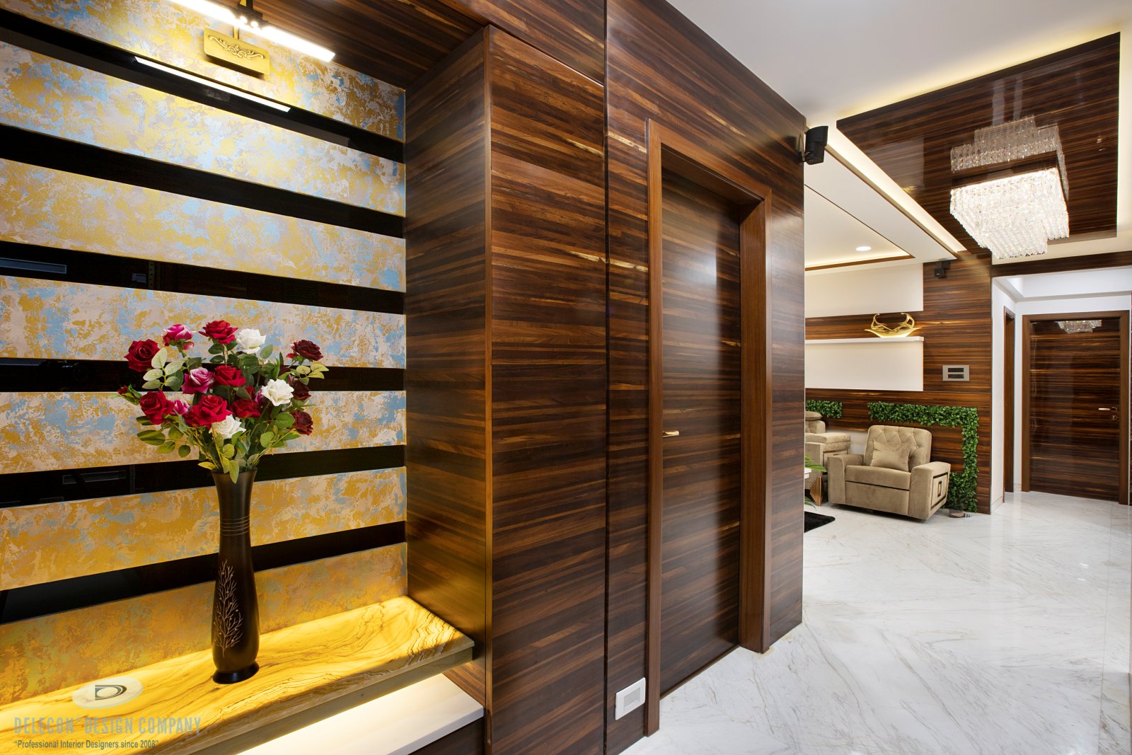 Home passage design with wall panelling and lighting