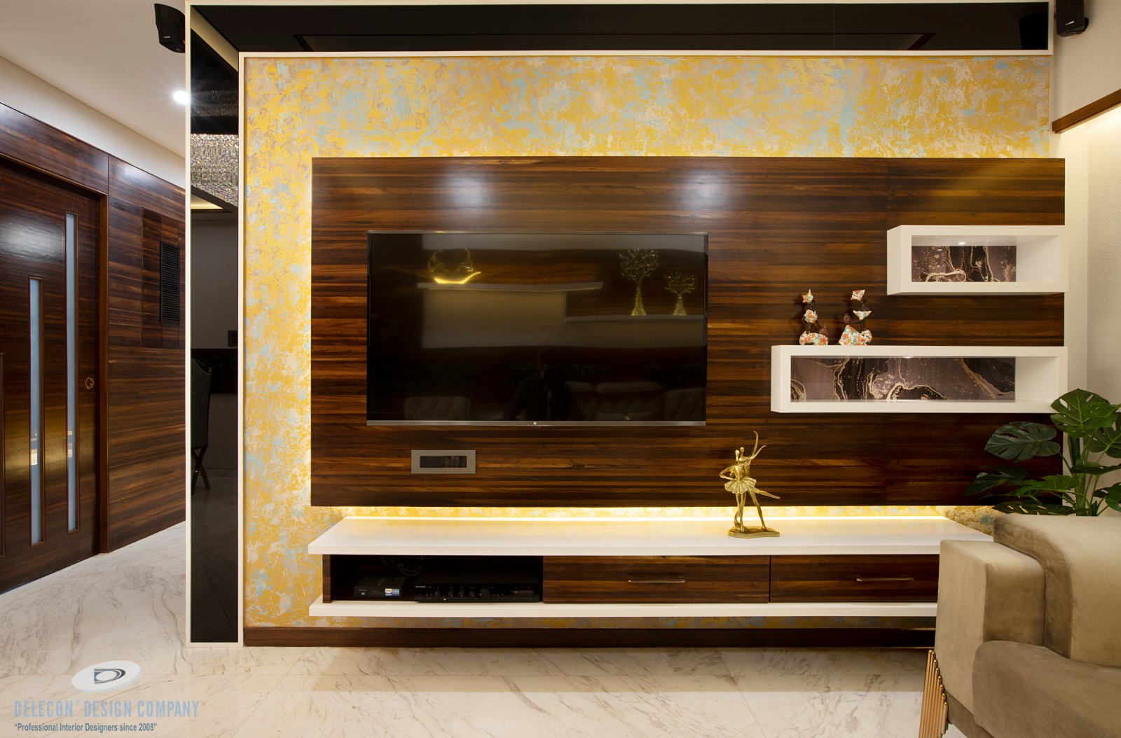 TV unit design with storage and wall panelling in living room