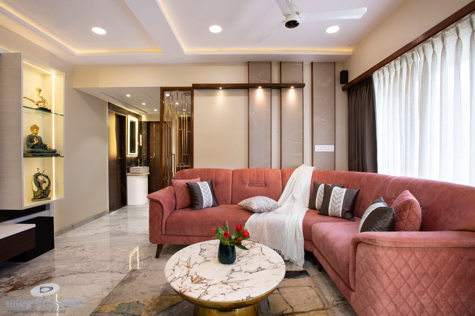 Living space with soft lighting and neutral tones