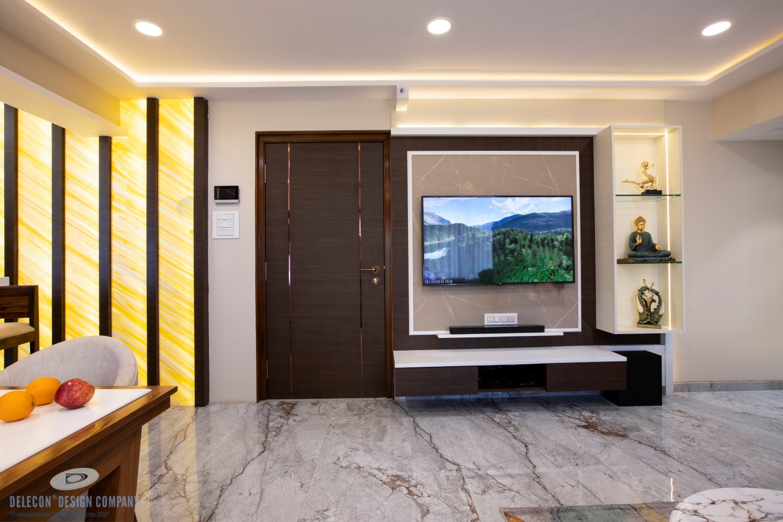 TV unit design with fluted and marble laminate combination