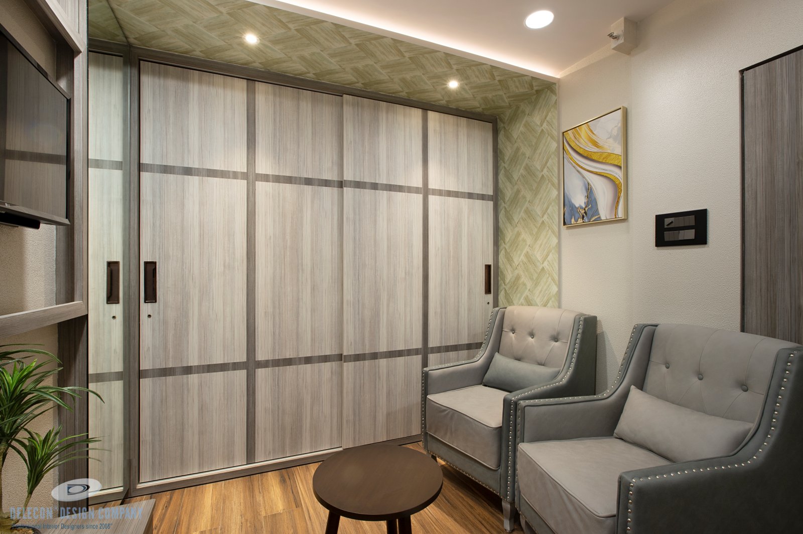 Walk-in wardrobe corridor with storage systems