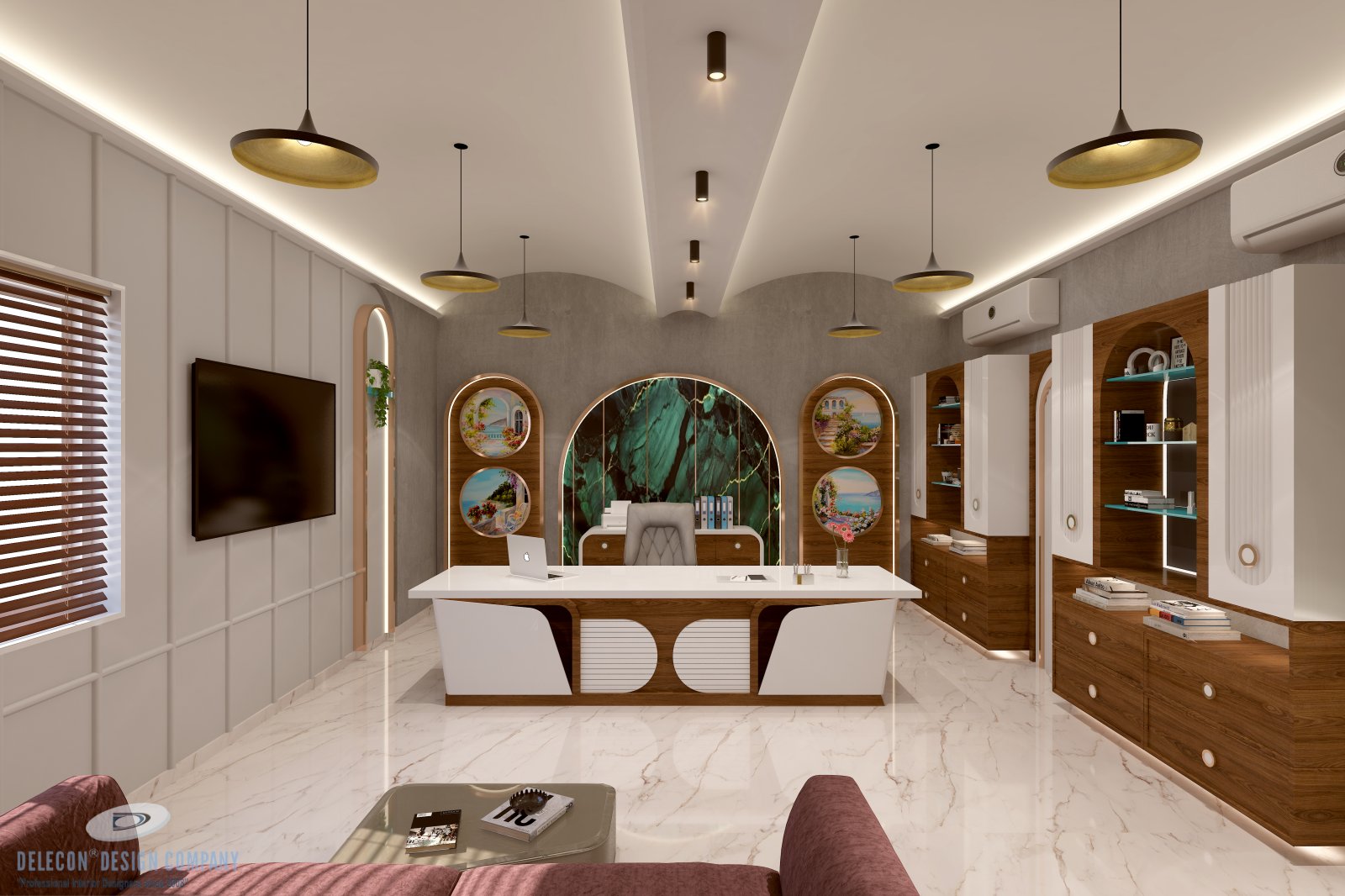 Director cabin interior showing worktable and seating arrangement in Karnataka