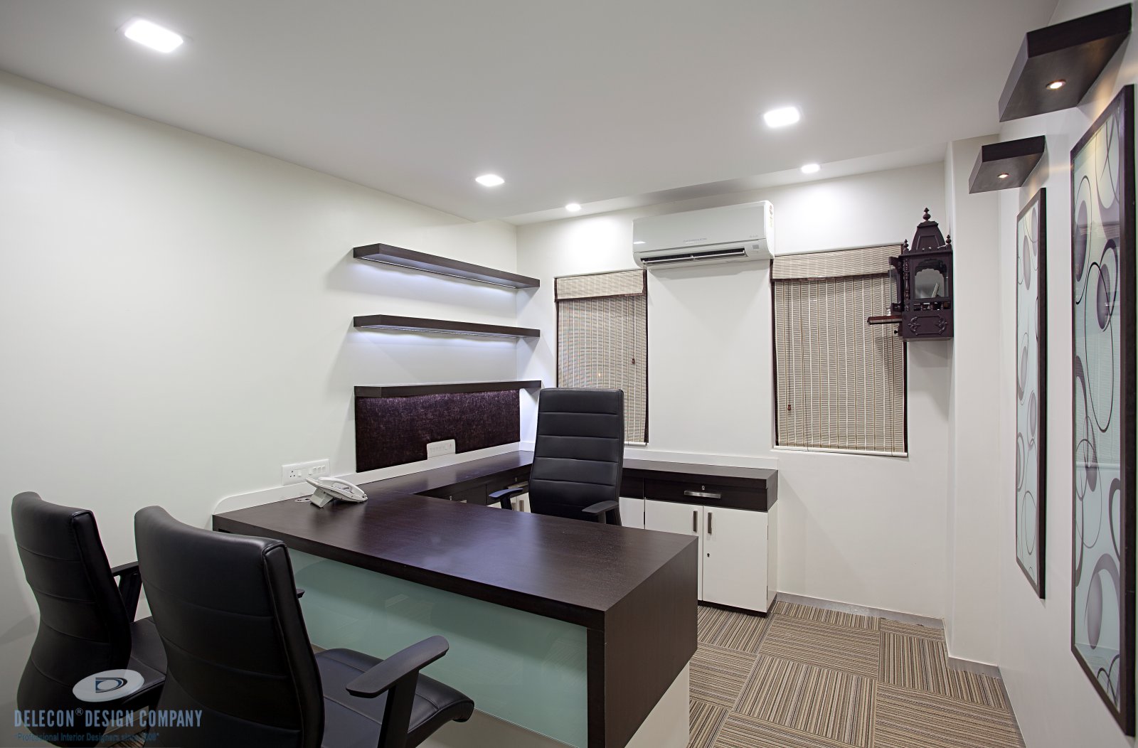 Executive cabin layout with work desk and storage